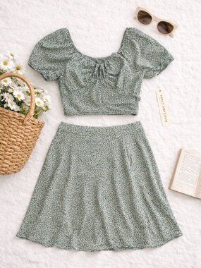 Paper Crane Floral Cottagecore Matching Set Puff Sleeve Crop Top Skirt M